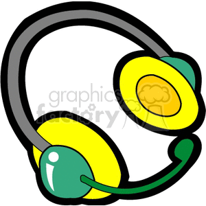 A colorful clipart image of over-ear headphones with a microphone, featuring yellow and green elements.