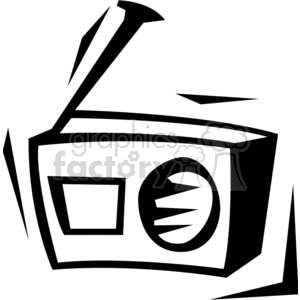 Simple black and white clipart illustration of a retro-style radio with antenna.