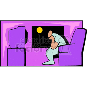 A stylized clipart image depicting a person sitting on a chair watching television at night.