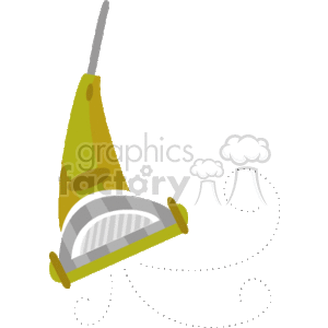 This clipart image features an upright vacuum cleaner, commonly referred to as a sweeper, illustrated in a simplistic style. The vacuum cleaner is depicted with an exaggerated angled shape, predominantly in shades of green and gray. The image shows the sweeper in action, with lines and dots indicating the path it’s cleaning and the dirt it's picking up from the floor.