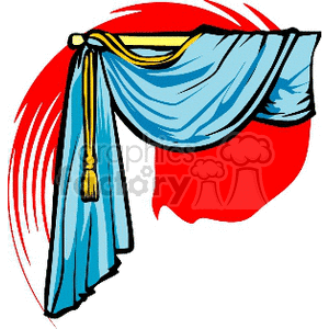 A clipart image of blue draped curtains with a golden tassel, set against a red decorative background.