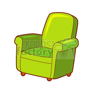 A green armchair clipart image with a cartoonish design. The chair is plush and has brown legs.