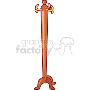 Clipart image of a wooden coat rack with ornate hooks at the top and a stable base.