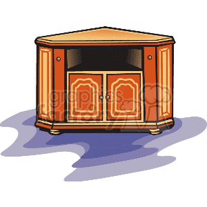 A clipart image of a wooden corner cabinet with two doors and an open shelf on top, set against a purple shadow background.