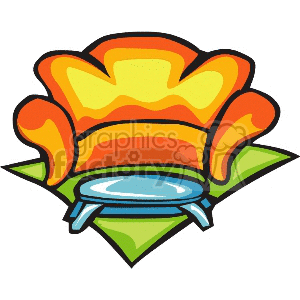 Colorful clipart image featuring an orange and yellow armchair with a green rug and a blue footrest.