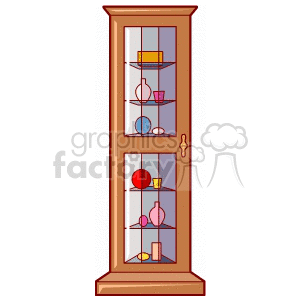 Clipart image of a wooden display cabinet with glass doors, containing various decorative items including vases, a box, and a cup.