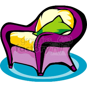 A colorful clipart image of a cushioned armchair with a green pillow placed on it, positioned on a blue circular rug.