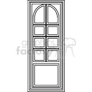 The clipart image depicts a door with a series of panels and an arched window at the top. The door appears to be styled with moulding to create the panel and window effect, suggesting a more traditional design which might be suited for interior household use or an entryway.