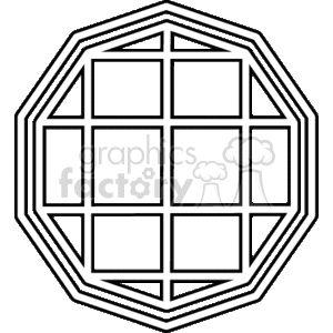The image depicts a simple line art of an octagonal-shaped window with multiple panes. The window is divided into nine equal sections with a grid design, reminiscent of a classic casement or picture window with muntins.