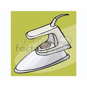 A clipart image of a clothes iron with a power cord on a green background.