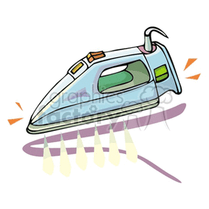 A clipart image of a steam iron emitting steam, with a purple background swirl.