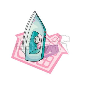 A clipart image of an electric iron with a dial, placed on a pink geometric background resembling a house.