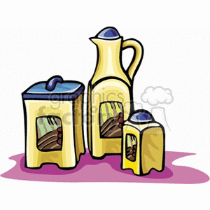 Clipart image of three kitchen containers with a pitcher, canister, and jar, all in a stylized design.