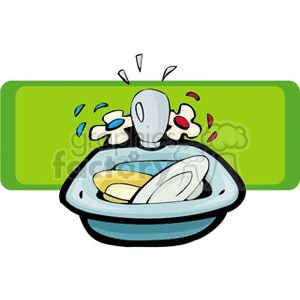 Cartoon image of a kitchen sink with dishes inside. The sink features two taps with water droplets.