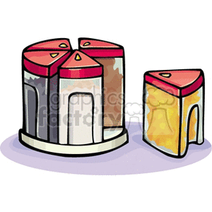 Illustration of spice containers arranged in a circular holder with one container outside.