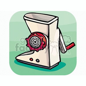 Illustration of a household kitchen food grinder with a hand crank.