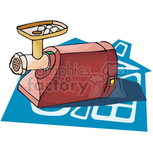 Illustration of a red electric food grinder on a blue abstract background.