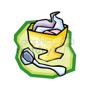 Colorful clipart of a dessert bowl filled with ice cream and a spoon beside it.