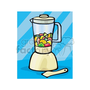 Illustration of a blender filled with colorful fruit pieces, accompanied by a spatula, against a blue striped background.