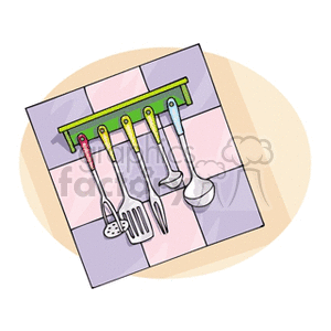 Illustration of kitchen cooking utensils including a spatula, ladle, and spoons hanging on a wall rack.