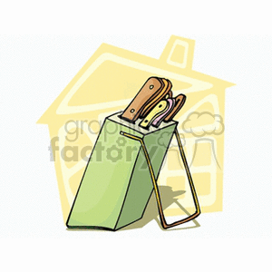 Clipart image of a set of kitchen knives in a knife block, with a stylized house in the background.