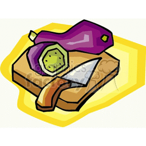 A colorful clipart illustration of a kitchen scene featuring a knife, cutting board, and sliced eggplant.