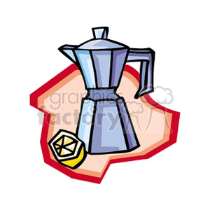 Clipart image of a moka pot with a lemon slice, set against a decorative background.