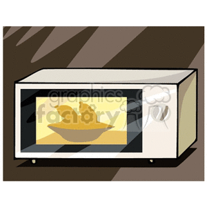 Clipart image of a microwave oven with food inside, placed in a kitchen setting.