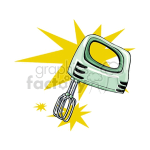 Clipart illustration of a green hand mixer with beaters against a yellow starburst background.