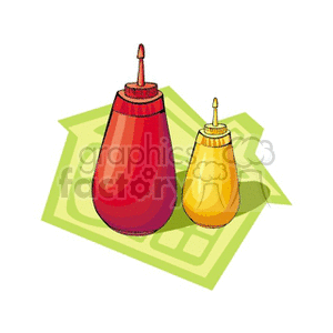 Illustration of two condiment bottles, one red and one yellow, likely representing ketchup and mustard, set against a green background.