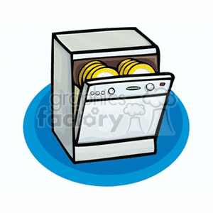 Clipart image of a dishwasher with open door showing dishes inside.