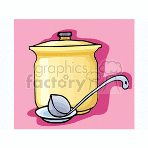 Colorful clipart image featuring a yellow cooking pot with a lid and a ladle, set against a pink background.