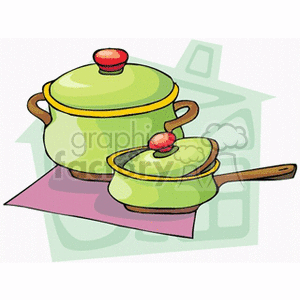 Illustration of two green cooking pans with red knobs, placed on a kitchen countertop.