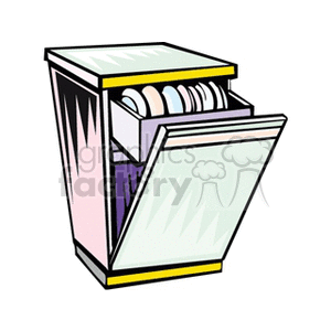 Colorful clipart illustration of an open kitchen dishwasher with plates inside.