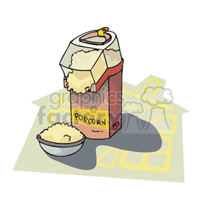 Clipart image of a popcorn maker machine with a bowl of popcorn.