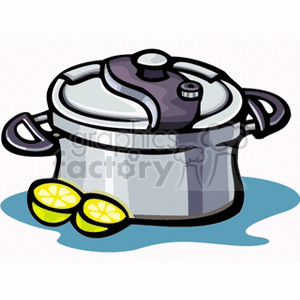 Cartoon-style clipart image of a pressure cooker with lemons beside it.