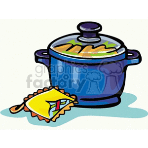 A clipart image of a blue cooking pot with a lid, accompanied by a colorful pot holder.