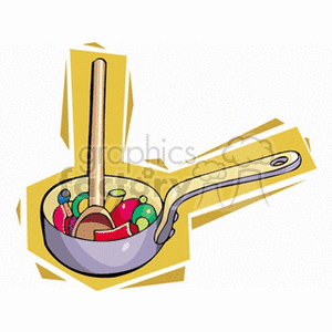 A clipart image of a cooking pan filled with colorful vegetables and a wooden spoon.