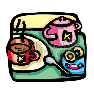 Colorful clipart illustration featuring a teapot, a tea kettle, a teacup on a saucer, and a spoon, set in a kitchen or household context.