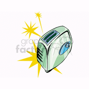 Clipart image of a toaster with a cartoonish style, featuring sparks around it, commonly associated with kitchen appliances.