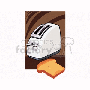 Illustration of a toaster with a slice of toast in a kitchen setting.