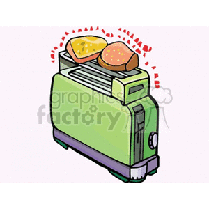 A clipart image of a green kitchen toaster with two slices of toast popping out.