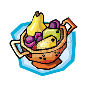 A colorful clipart image of a bowl filled with various fruits, including pears.