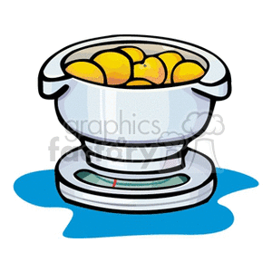 An illustration of a kitchen scale with a bowl of oranges.