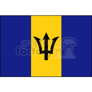 This image shows the national flag of Barbados. It features a vertical triband with two outer bands of ultramarine and a gold middle band. There is a black trident head, known as the broken trident, centered in the gold band.