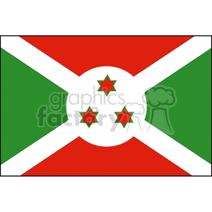 The image presents the national flag of Burundi. It features a white saltire that divides the field into alternating red and green areas, with three green six-pointed stars outlined in white situated along the vertical line of the white cross.