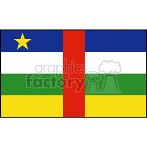 The image shows the national flag of the Central African Republic. The flag has four horizontal stripes of blue, white, green, and yellow, with a single vertical red stripe in the center overlaying the horizontal stripes. There is a yellow five-pointed star in the upper left corner against the blue stripe.