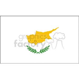The image shows a flag with a white background, featuring a yellow or gold silhouette of the island of Cyprus in the center, and two green olive branches below the silhouette.