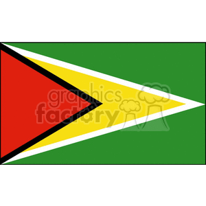 The clipart image shows an artistic, simplified representation of the national flag of Guyana. The flag is composed of a green field with a red isosceles triangle overlaid by a thinner white stripe from the mast side and bordered with a thin black line. There is also a golden triangle, bordered by a thin white line, pointed towards the fly end of the flag.