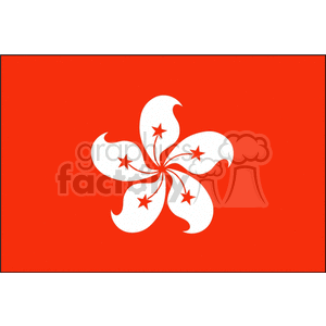 The image displays the flag of the Hong Kong Special Administrative Region. The flag has a red background with a white, stylized, five-petal Bauhinia blakeana flower in the center, which has a star in each petal.